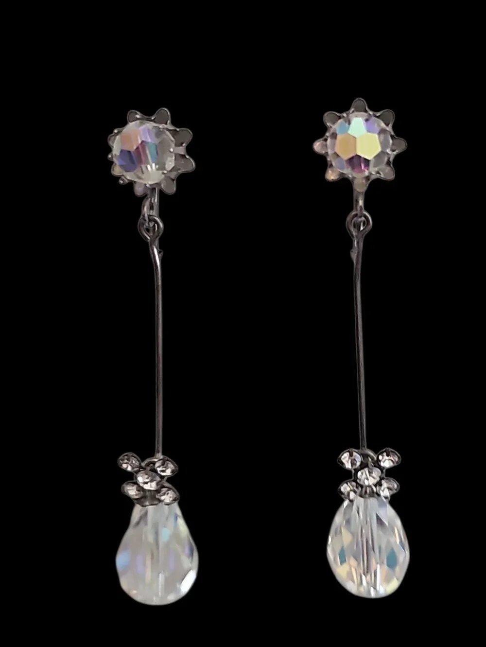 Vintage Clip On Crystal Drop Dangle Earrings - Aurora Clear